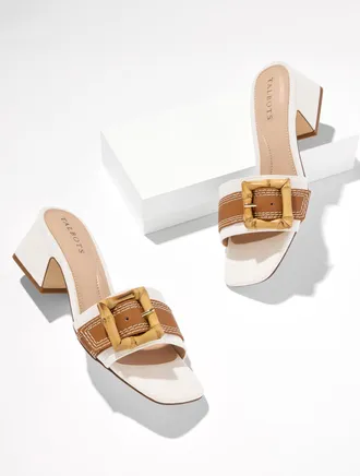 Talbots Kathryn Buckle Speckled Canvas Vachetta Block Heel Sandals - Light Natural/Havana Tan - 10 1/2 M Talbots