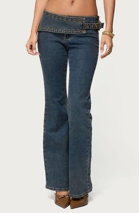 Edikted Asymmetric Grommet Detail Low Rise Jeans in Blue-Vintage-Washed at Nordstrom, Size X-Small