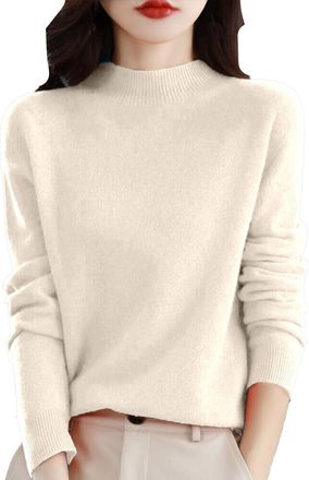 Generic Cashmere Sweaters for Women Warm Cashmere Sweater Tops Crew Neck Warm Light Long Sleeve Elegant Soft Pullover Sweater (Beige,L)