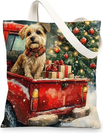 Generic Christmas Lakeland Terrier Dog Canvas Tote Bag for Shopping 13x15, Winter Xmas Truck Puppy Reusable Grocery Print Pattern Bag for Women, Happy New Yea