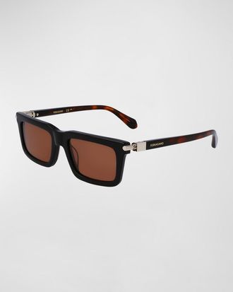 Ferragamo Mens Prisma Modified Acetate Rectangle Sunglasses, 53mm