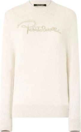 Roberto Cavalli Geborduurde Logo Wol Kasjmier Trui - Dames - Ronde hals truien - Beige - XS - Wol - Truien & Vesten