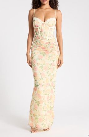 House of CB Calista Floral Print Corset Sleeveless Gown in Peach Floral at Nordstrom, Size X-Large A