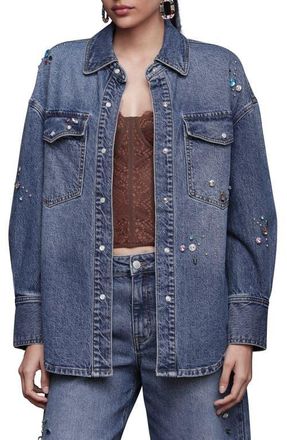 Avec Les Filles Oversize Jewel Embellished Denim Snap-Up Shirt in Highside - Multicolor Gem at Nordstrom, Size Medium