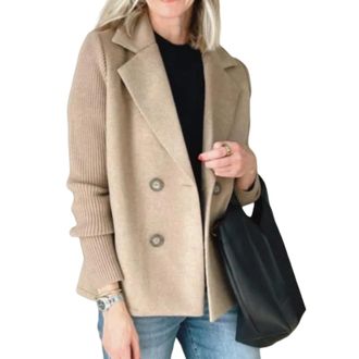 Generic Womens Lapel Button Knitted Patchwork Sleeve Casual Coat, Patchwork Double Breasted Blazer Sweater (Khaki,S)