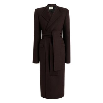 Khaite Belted Coats, female, Brown, XS, Brown Wool Belted Coat High Neck