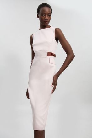 Karen Millen Womens Petite Tailored Linen Tab Waist Pencil Midi Dress - Pink Lyocell - Size 16 UK