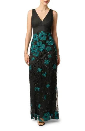 Aidan Mattox Floral Embroidered Sleeveless Gown in Black/emerald at Nordstrom, Size 10