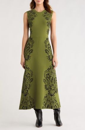 Ulla Johnson Liana Floral Jacquard Knit Midi Dress in Olive at Nordstrom, Size Petite