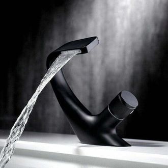 OEM Grifo Monomando De Lat&oacute;n Para Lavabo Con Efecto Cascada, Dise&ntilde;o De Lujo, Color Negro (18x13 Cm)