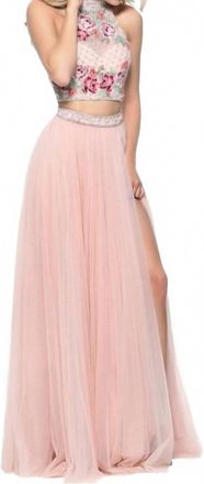 Sherri Hill High Neck Halter Embroidered Gown In Blush