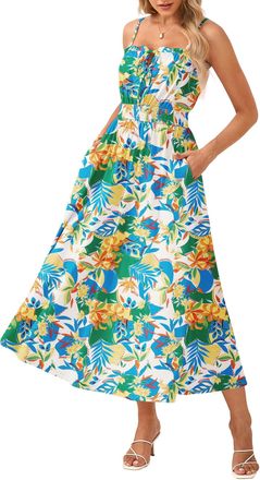Grace Karin Womens Boho Floral Fancy Dress Casual Sleeveless Spaghetti Straps Pleated Loose A-line Maxi Dresses Bohemian Beach Holiday Dress with Pockets Blue-Yel