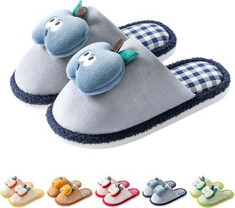 Generic Slipper Cute Apple Slippers Cozy Couple Slipper 3D Fruit Pattern Slippers With Checked Lined Winter Home Shoes Fuzzy Cartoon Sliders Lightweight Bedro