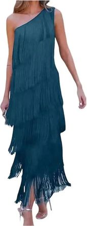 Generic LOVSSU Fringe Dress Tassel Design Dress Elegant Fringed Evening For Women One Shoulder Maxi Cocktail Party Prom Dance For Women(Lake Blue,XL)