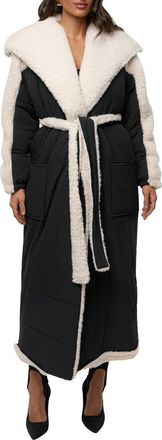 JLUXLABEL Quilted Longline Coat with High Pile Fleece Lining in Black at Nordstrom, Size Large