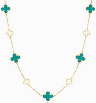 Italian Gold, Inc 14K Yellow Gold Alternating 9 Station Clover Necklace - Turquoise