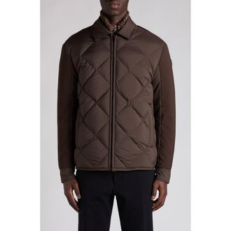 Moncler Aiguille Mixed Media Down Shirt Jacket in Brown at Nordstrom, Size 3