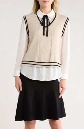 Adrianna Papell Tie Neck Twofer Sweater in Neutral/Black at Nordstrom Rack, Size Medium