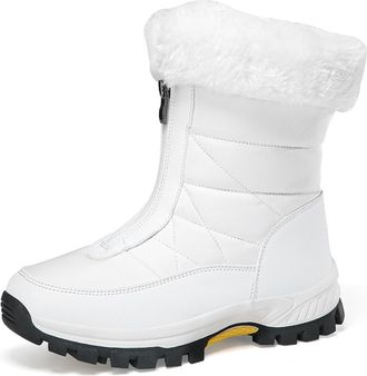 Generic Womens Non-Slip Warm Zipper Snow Boots, Waterproof Fur-Lined Leather Boots with Zipper & Lace-Up, Non-Slip Lightweight Outdoor Warm Walking Shoes (whi