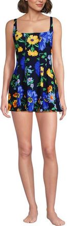 Lands End Square Neck Corset Seamed Swim Dress in Navy/exploded Poppy Floral at Nordstrom, Size 14
