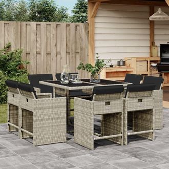 vidaXL Set Comedor De Jard&iacute;n 9 Pzas Cojines Rat&aacute;n Sint&eacute;tico Gris Claro Vidaxl