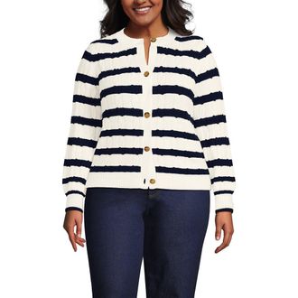 Lands End Drifter Classic Cable Crew Neck Cardigan Sweater in Ivory/navy Coastal Stripe at Nordstrom, Size 1X