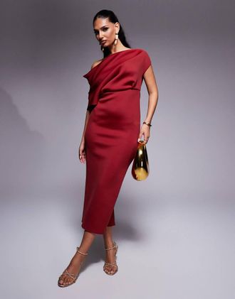 Asos dramatic neckline midi dress in burgundy in scuba-style fabric-Red