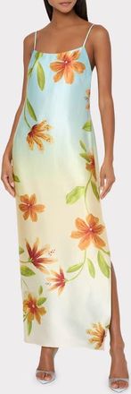 Milly Lily Floral Print Sleeveless Satin Maxi Dress in Yellow Multi at Nordstrom, Size 10