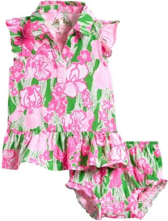 Lilly Pulitzer Mini Riegan Floral Flutter Sleeve Cotton Polo Dress with Bloomers in Putting Green Hannah at Nordstrom, Size 3-6M