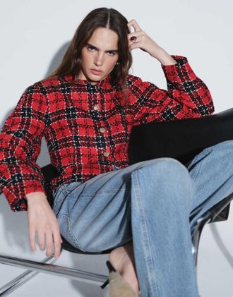Asos blazer sartoriale in boucl&eacute; a quadri con bottoni dorati rosso