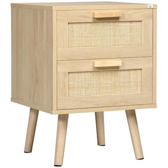 OEM Mesita De Noche Estilo Cannage Mesilla De Noche Con 2 Cajones Y Patas De Madera Para Sal&oacute;n Dormitorio 40x40x56cm Natural