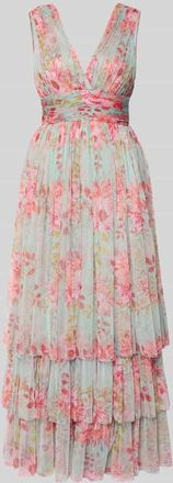 Lace & Beads Abendkleid mit Volantsaum und V-Ausschnitt in Blau, Gr&ouml;&szlig;e XXL