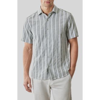 Robert Barakett Daiki Stripe Short Sleeve Button-Up Shirt in Olive Dust at Nordstrom, Size Xx-Large