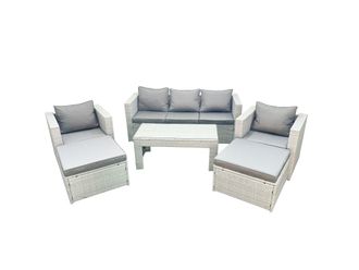 Fimous Rattan Garden Furniture Set 7 Seater Outdoor Garden Sofa 2 Chairs Oblong Coffee Table Set with 2 Stools Light Grey Mixed