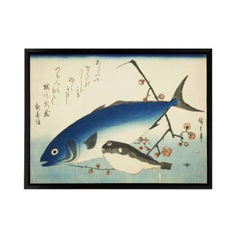 Artery8 Hiroshige Yellowtail & Blowfish Framed Canvas Japanese Wall Art Print in Blue | Size: W24 x H32