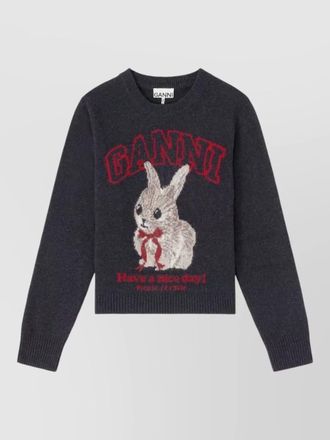 Ganni wool graphic print crewneck sweater