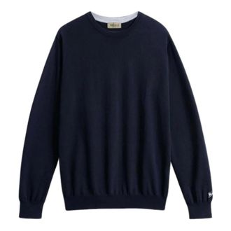 Woolrich Round-neck Knitwear, male, Blue, Size: XL Logo Cotton Crewneck