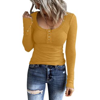 Generic Women Long Sleeve Henley T Shirts UK Button Down Slim Fit Casual Tops V-Neck Ribbed Knit Tunic Shirts 2023