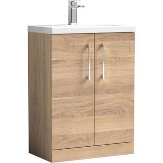 Nuie Nuie - Arno Compact Floor Standing 2-Door Vanity Unit with Ceramic Basin 600mm Wide - Bleached Oak