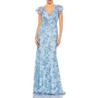 Mac Duggal Embroidered Applique Wrap Over Flutter Sleeve Gown in Blue at Nordstrom, Size 14