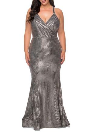 La Femme Sequin Plus Size Dress with Criss Cross Back in Silver at Nordstrom, Size 22W