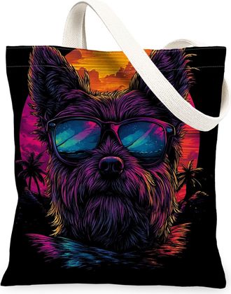 Generic Summer Cairn Terrier Dog Canvas Tote Bag for Shopping 13x15, Cool Beach Coastal Puppy Reusable Grocery Print Pattern Bag for Women, Retro Pet Beach Ae