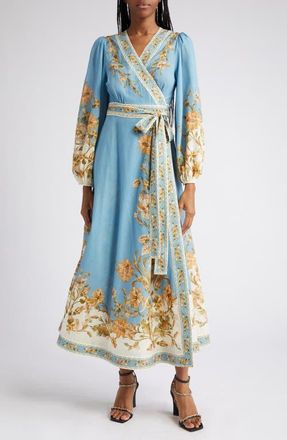 Zimmermann Floral Print Long Sleeve Cotton Chintz Wrap Dress in Blue Daisy Floral at Nordstrom, Size 4
