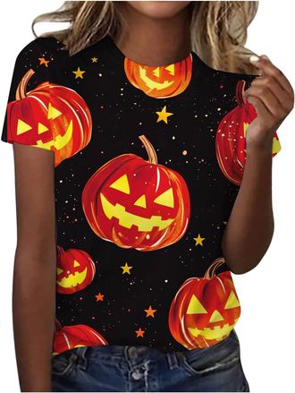 Generic Halloween Tshirts Women Smiling Pumpkin T-Shirt Happy Halloween Costume T-Shirts Witch Brew Graphic Printing Top Ladies Short Sleeve Round Neck Blouse