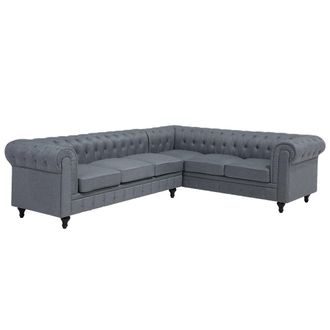 Beliani Sof&aacute; Chesterfield Esquinero Tapizado En Tela Gris Patas De Madera Oscura 6 Plazas Versi&oacute;n Izquierda Estilo Cl&aacute;sico Chesterfield