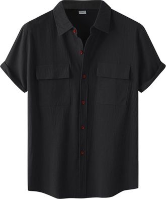Generic Cotton Linen Short Sleeve Shirt Men, Summer Shirts for Men Casual with Two Breast Pocket Stand Collar Short Shirt Light Breathable Shirt Blouse Casual