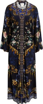 Camilla Beaded Print Long Sleeve Ruched Silk Midi Dress in Notes From The Blue Room at Nordstrom, Size X-Small