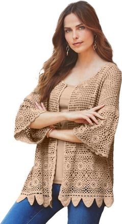 Roaman's Plus Size Scallop Trim Crochet Cardigan in New Khaki at Nordstrom, Size Medium