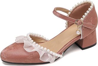 Generic Womens Round Toe Pumps Satin Upper Adjustable Ankle Strap Pearl Ruffled Chiffon Charm Block Heel Cushioned Insole Anti-Slip Durable Sole,Pink,3.5 UK