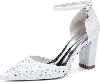 Generic Womens Pointed Toe Crystal Wedding Shoes Ankle Strap Bridal Chunky Heels Bridesmaid Evening Pumps 8.5Cm,White,10 UK